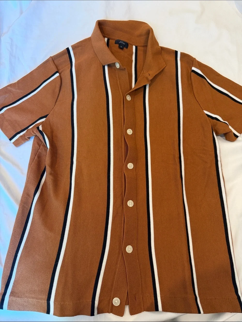 J. Crew Men's Rust and Black Vertical Stripe Short-Sleeve Button-Down Shirt